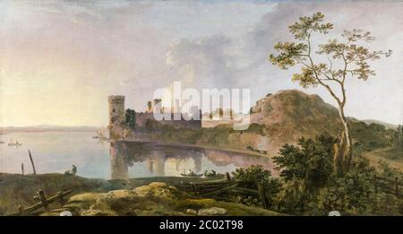 Une soirée d'été avec une vue imaginaire du château de Caernarvon, peinture de paysage par Richard Wilson, 1764-1765 Banque D'Images