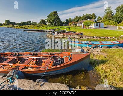 Des bateaux à rames amarrés sur la rive du Lough Corrib près de Derrymoyle, dans le Connemara, comté de Galway, République d'Irlande. Eire. Banque D'Images