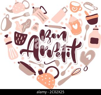 Carte de voeux amour avec bon Appetit texte vectoriel pour nourriture blog cuisine en forme de coeur. Jolie citation design cuisine scandinave Illustration de Vecteur