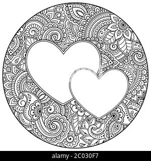 Motif floral à contour rond avec coeur pour colorier la page de livre. Antistress pour adultes et enfants. Décoration Doodle en noir et blanc. Dessiner à la main vect Illustration de Vecteur