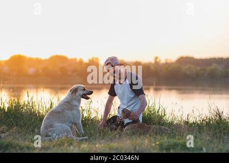 L'homme animaux ses chiens dans la nature au coucher du soleil au bord du lac. Relations humaines et entre animaux, communication et interaction, prise en charge des chiens Banque D'Images