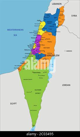 Carte politique israélienne colorée avec des couches clairement étiquetées et séparées. Illustration vectorielle. Illustration de Vecteur