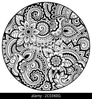 Motif floral rond pour la page de livre de coloriage. Antistress pour adultes et enfants. Décoration Doodle en noir et blanc. Illustrateur vectoriel à dessin manuel Illustration de Vecteur