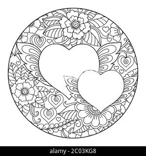 Motif de fleurs mehndi et coeur pour le dessin et le tatouage de Henna. Décoration ethnique orientale, de style indien. Page de livre de coloriage. Illustration de Vecteur