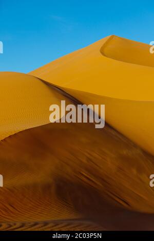 Un vent fort soulève le sable sur le bord d'une grande dune. Dunes de sable dans le désert du Sahara, Afrique du Nord. Banque D'Images