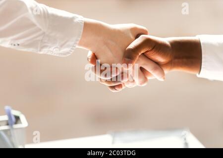 Poignée de main entre un homme d'affaires africain et un homme d'affaires caucasien. Banque D'Images
