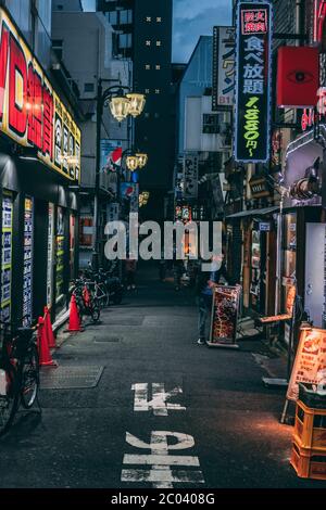 Shinjuku Streets avec panneaux de signalisation au néon (Tokyo, Japon) Banque D'Images