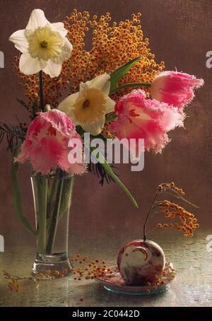 Bouquet de printemps de narcissis, tulipes et mimosa dans un vase transparent Banque D'Images