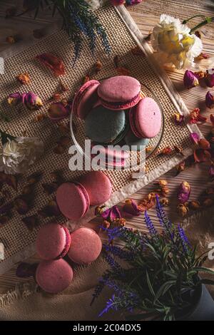 Plat de macarons savoureux dans un bol en verre, concept STILL Life Banque D'Images