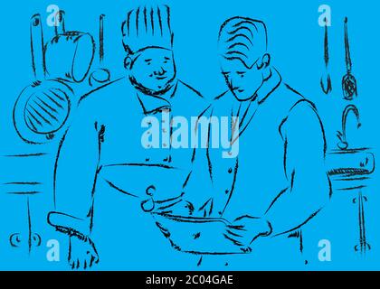 Chef et son aide discutent de leurs recettes et de l'utilisation de Tablet PC. Tout en travaillant dans une cuisine. Illustration de ligne vectorielle sur fond bleu. Illustration de Vecteur