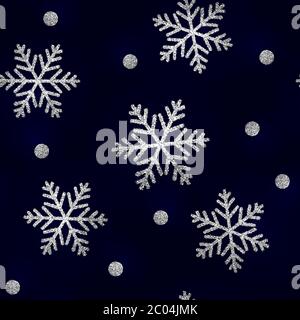 Flocons de neige argentés pailletés à motif sans couture sur fond rayé noir Illustration de Vecteur