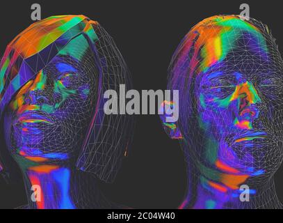 tête humaine mâle et femelle dans une vue latérale futuriste de style poly bas - illustration 3d Banque D'Images