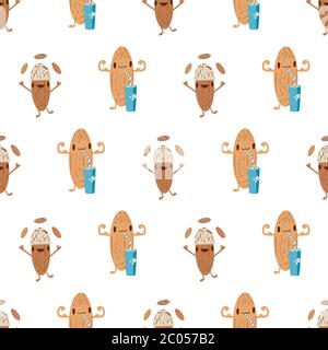 Fond de motif vectoriel de lait d'amande kawaii sans couture. Les personnages de noix en flexion et en jonglage avec les muscles mignons et les verres sur fond blanc. Amusant Illustration de Vecteur