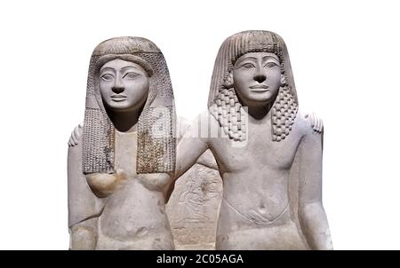 Ancienne statue romaine de Pendua et sa femme Nefertari, calcaire, Nouveau Royaume, 19e dynastie, (1292-1186 av. J.-C.), Deir-el-Medina, Thèbes. Musée égyptien, Banque D'Images