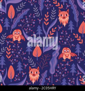 Motif sans coutures bois avec chouettes chouettes et renards. Fond floral foncé. Illustration vectorielle. Illustration de Vecteur
