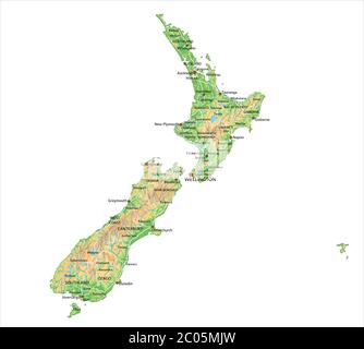 Carte physique haute précision de la Nouvelle-Zélande avec étiquetage. Illustration de Vecteur
