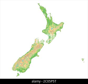 Carte physique haute-détaillée de la Nouvelle-Zélande. Illustration de Vecteur