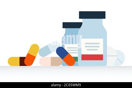 Flacons de médicaments, comprimés, pilules dans des pots en verre conception plate illustration vectorielle. Illustration de Vecteur