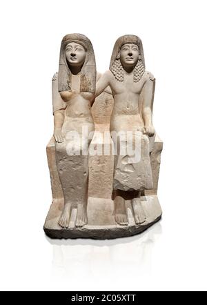 Ancienne statue romaine de Pendua et sa femme Nefertari, calcaire, Nouveau Royaume, 19e dynastie, (1292-1186 av. J.-C.), Deir-el-Medina, Thèbes. Musée égyptien, Banque D'Images