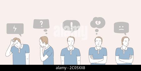 Ensemble d'émotions masculines différentes avec bulles de parole. Jeune homme malheureux sentiment d'émotions négatives. Tristesse, déception, fatigué, troublé, ennuyé, et bouleversé dessin animé vecteur illustration du contour. Illustration de Vecteur