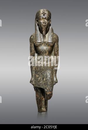 Ancienne statue égyptienne d'un roi ptoléméen dans la régalia pharaonique, granodiorire, période ptoléméenne (332-30BC). Musée égyptien, Turin. Fond gris Banque D'Images