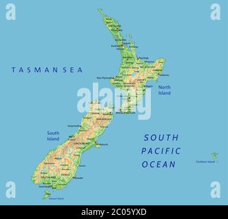 Carte physique haute précision de la Nouvelle-Zélande avec étiquetage. Illustration de Vecteur