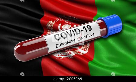 Drapeau de l'Afghanistan agitant dans le vent avec un tube de test sanguin Covid-19 positif, concept d'illustration 3D pour les tests sanguins pour diagnostiquer le nouveau corona Banque D'Images