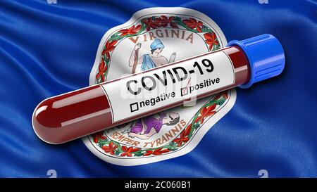 Le drapeau de l'état américain de la Virginie est en agitant dans le vent avec un tube de test sanguin Covid-19 positif, 3D illustration concept pour les tests sanguins à Banque D'Images