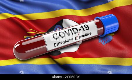 Drapeau du Swaziland agitant dans le vent avec un tube de test sanguin Covid-19 positif, 3D illustration concept pour les tests sanguins pour diagnostiquer le nouveau corona Banque D'Images