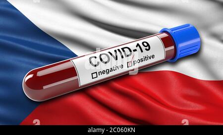 Drapeau de la République tchèque agitant dans le vent avec un tube à sang Covid-19 positif, concept d'illustration 3D pour les tests sanguins pour diagnostiquer le nouveau Banque D'Images