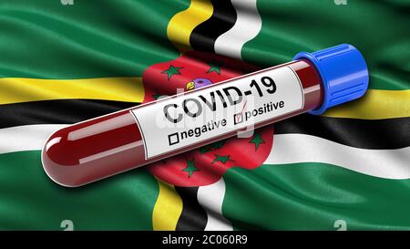 Drapeau de Dominca agitant dans le vent avec un tube de test sanguin Covid-19 positif, concept d'illustration 3D pour les tests sanguins pour diagnostiquer le nouveau coronavirus Banque D'Images