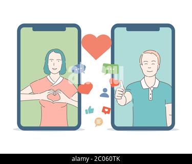 Concept de dessin animé vectoriel d'application de datation. Jeune homme heureux et femme tombant amoureux. Écran de smartphone avec une femme montrant le signe du cœur, un homme avec le pouce vers le haut, comme, et des signes de message. Illustration de Vecteur