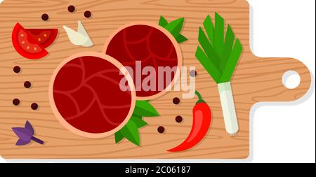 Viande et légumes sur une planche à découper vecteur plat isolé Illustration de Vecteur