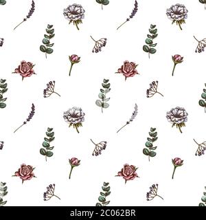 Motif sans couture avec roses colorées dessinées à la main, anémone, eucalyptus, lavande, pivoine, viburnum Illustration de Vecteur