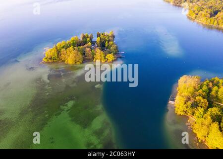 Rose île dans le Starnberger Voir près de Feldafing dans la lumière du matin, Fünfseenland, vue aérienne, haute-Bavière, Bavière, Allemagne, Europe Banque D'Images