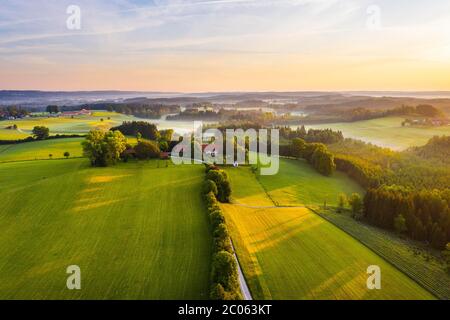 Weiler Waltersteig dans la lumière du matin, brume du matin, paysage culturel près d'Eurasburg, pays de Tölzer, enregistrement de drones, haute-Bavière, Bavière, allemand Banque D'Images