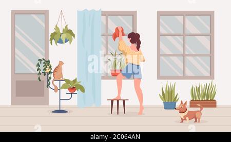 Jeune femme en vêtements confortables nettoie le balcon ou la pièce vecteur dessin animé plat. Fille tenant un chiffon de nettoyage, nettoyer les fenêtres. Intérieur moderne, plantes de maison en pots et animaux, chien et chat. Illustration de Vecteur