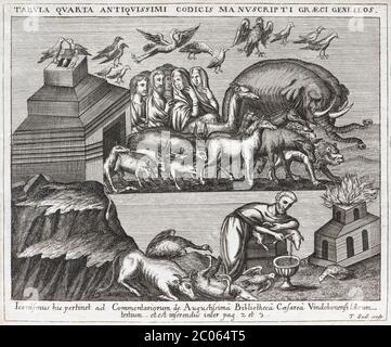 Noé et les animaux quittent l'arche, gravure en copperplate par Tobias Sadeler, vers 1680 Banque D'Images