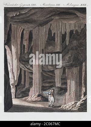 Grotte stalactite près de Slains, Écosse, gravure en copperplate de la couleur de la main de Friedrich Justin Bertuch Livre d'images pour enfants, 1798, Weimar, germe Banque D'Images