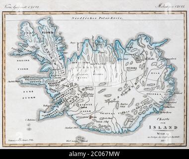 Carte de l'Islande, gravure en coperplate de couleur main de Friedrich Justin Bertuch Bilderbuch für Kinder, 1813, Weimar, Allemagne, Europe Banque D'Images