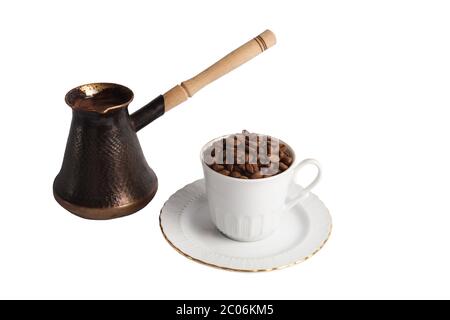 Cafetière, tasse de café et grains de café Banque D'Images