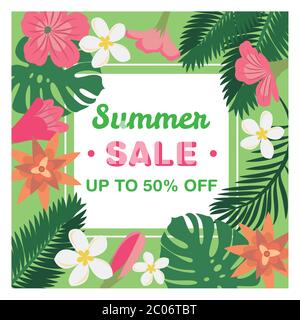 Solde d'été - modèle de bannière d'offre spéciale avec fleurs et feuilles tropicales, illustration vectorielle Illustration de Vecteur