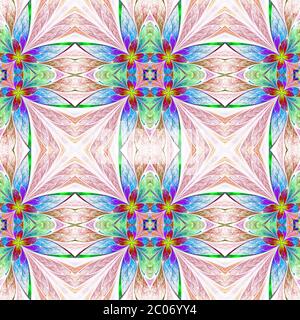 Motif floral multicolore symétrique dans le style vitrail sur la lumière. Graphiques générés par ordinateur. Banque D'Images