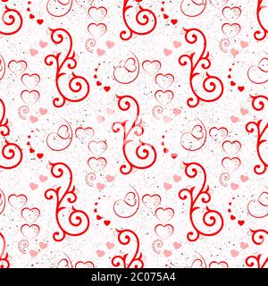 J'adore le motif sans coutures. Coeurs rouges et tourbillons sur fond blanc Illustration de Vecteur