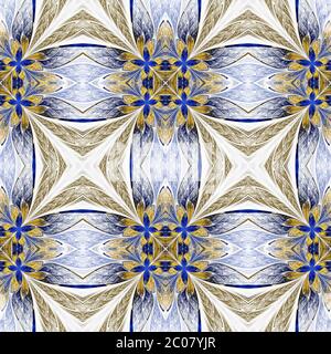 Motif floral symétrique en vitraux sur la lumière. Palette beige et bleu. Graphiques générés par ordinateur. Banque D'Images