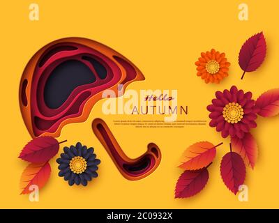 Parapluie en papier 3D d'automne avec feuilles et fleurs. Arrière-plan abstrait avec des formes en jaune, orange, violet. Design pour la décoration Illustration de Vecteur