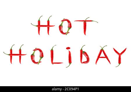 Image des mots HOT HOLIDAY écrits avec des piments rouges Banque D'Images