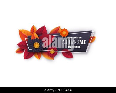 Bannière de vente d'automne avec feuilles et fleurs. Illustration de Vecteur