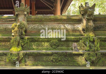 Macaque sur les marches du temple à la forêt de singes d'Ubud, Bali, Indonésie Banque D'Images