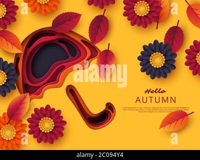 Parapluie en papier 3D d'automne avec feuilles et fleurs. Arrière-plan abstrait avec des formes en jaune, orange, violet. Design pour la décoration Illustration de Vecteur